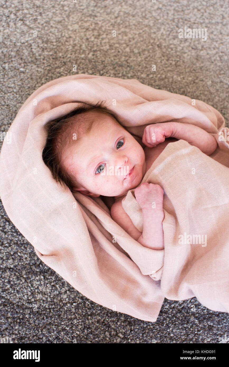 New born baby wrapped in towel Stock Photo