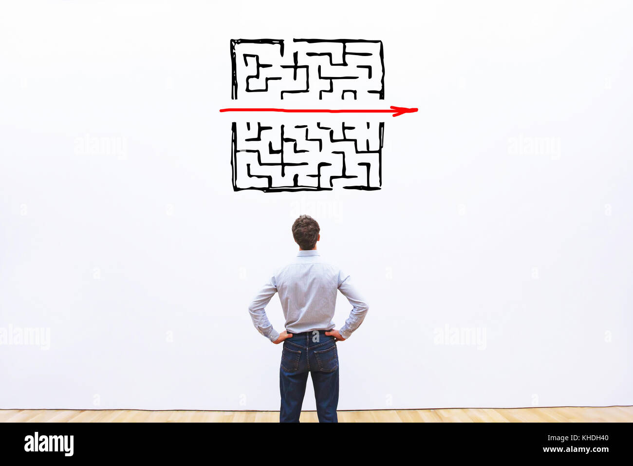problem and solution concept, business man thinking about exit from complex labyrinth Stock Photo