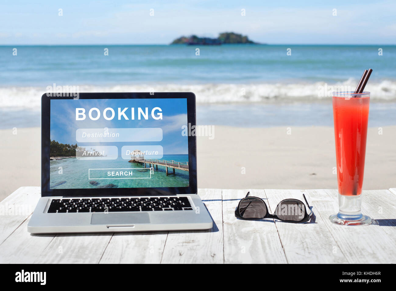 travel booking, hotels and flights reservation on the screen of computer Stock Photo