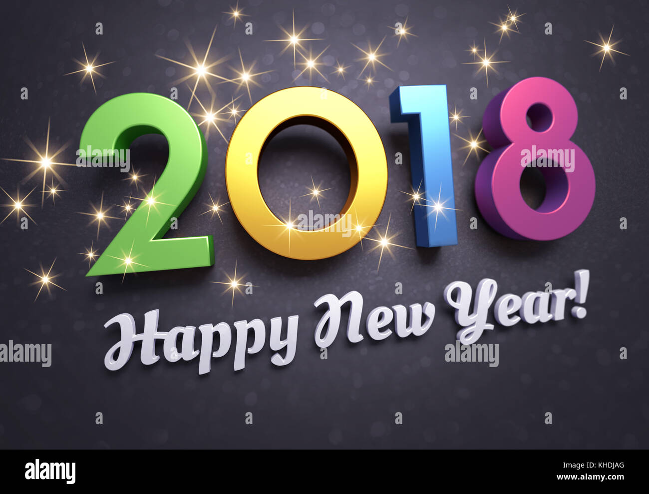 Colorful New year date 2018 and Greetings, glittering on a black background - 3D illustration Stock Photo
