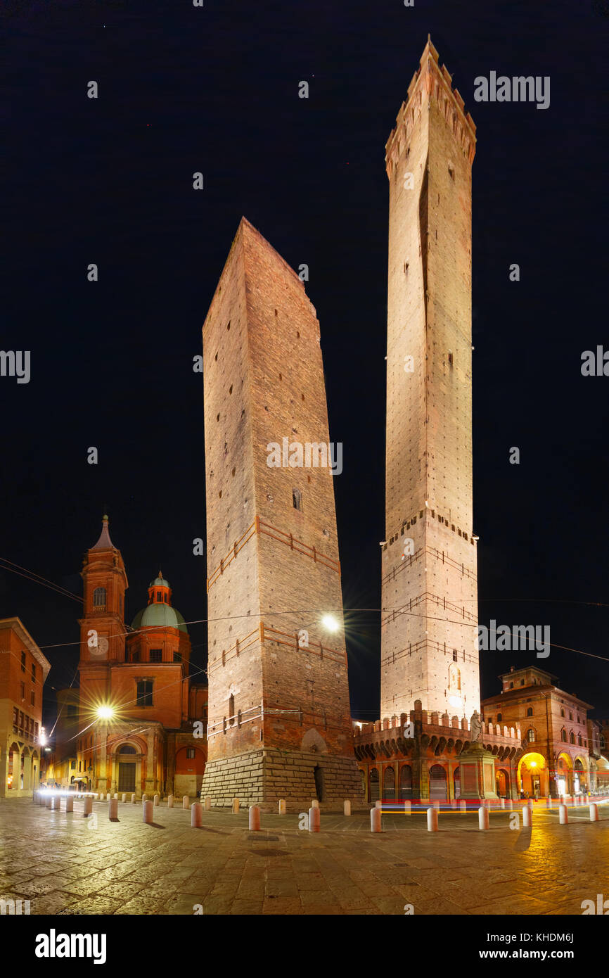 Famous Two Towers of Bologna at night, Italy Stock Photo Alamy