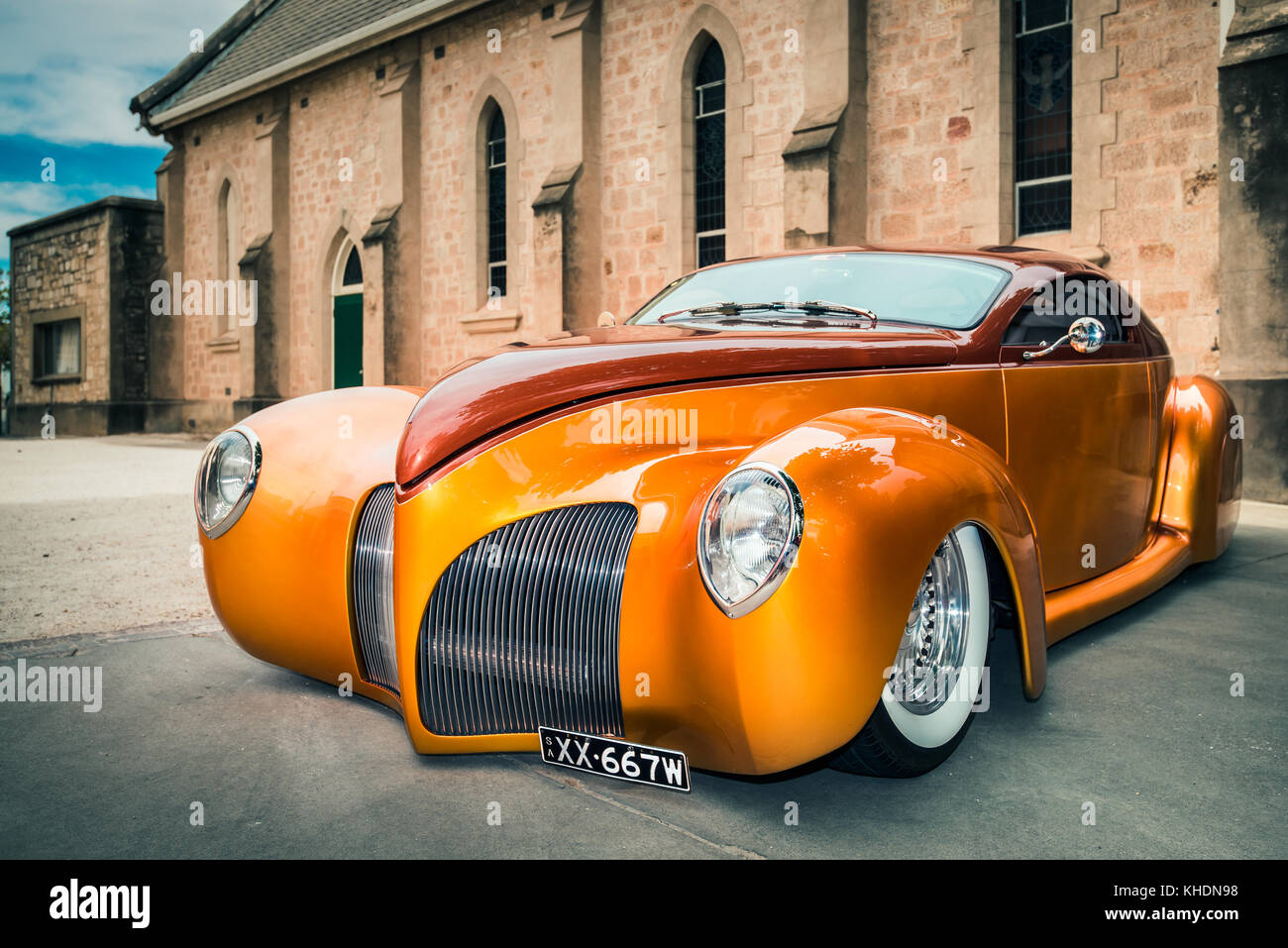 Barossa Valley, South Australia, January 16, 2016: 1939 Lincoln Zephyr car parked near old church at main street of Tanunda on a day Stock Photo