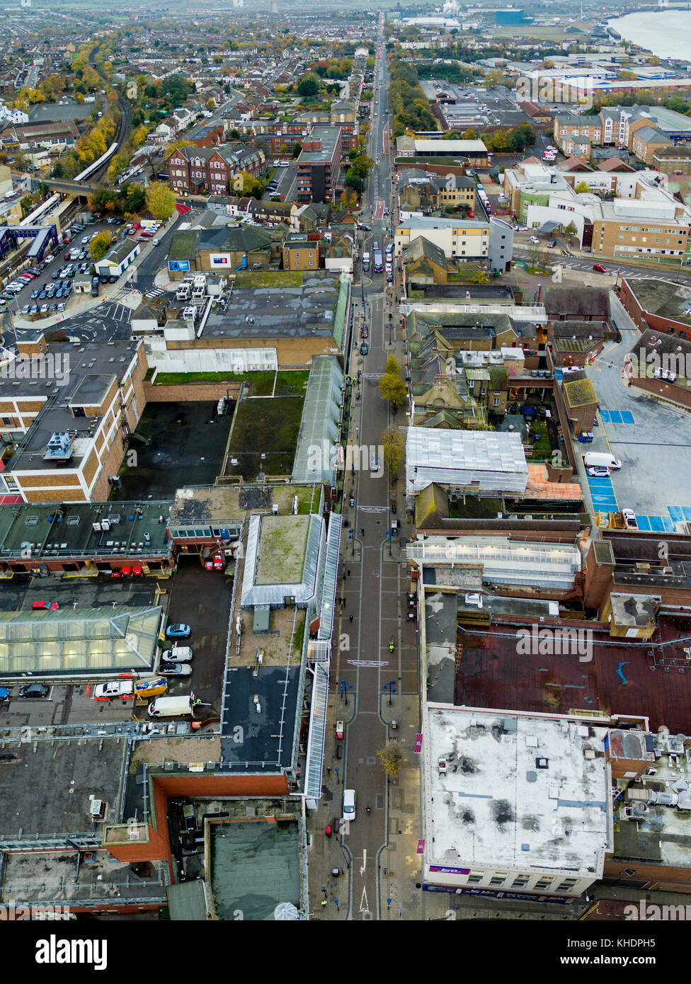 Aerial view long panoramic of London Road, Gravesend, Kent, UK Stock
