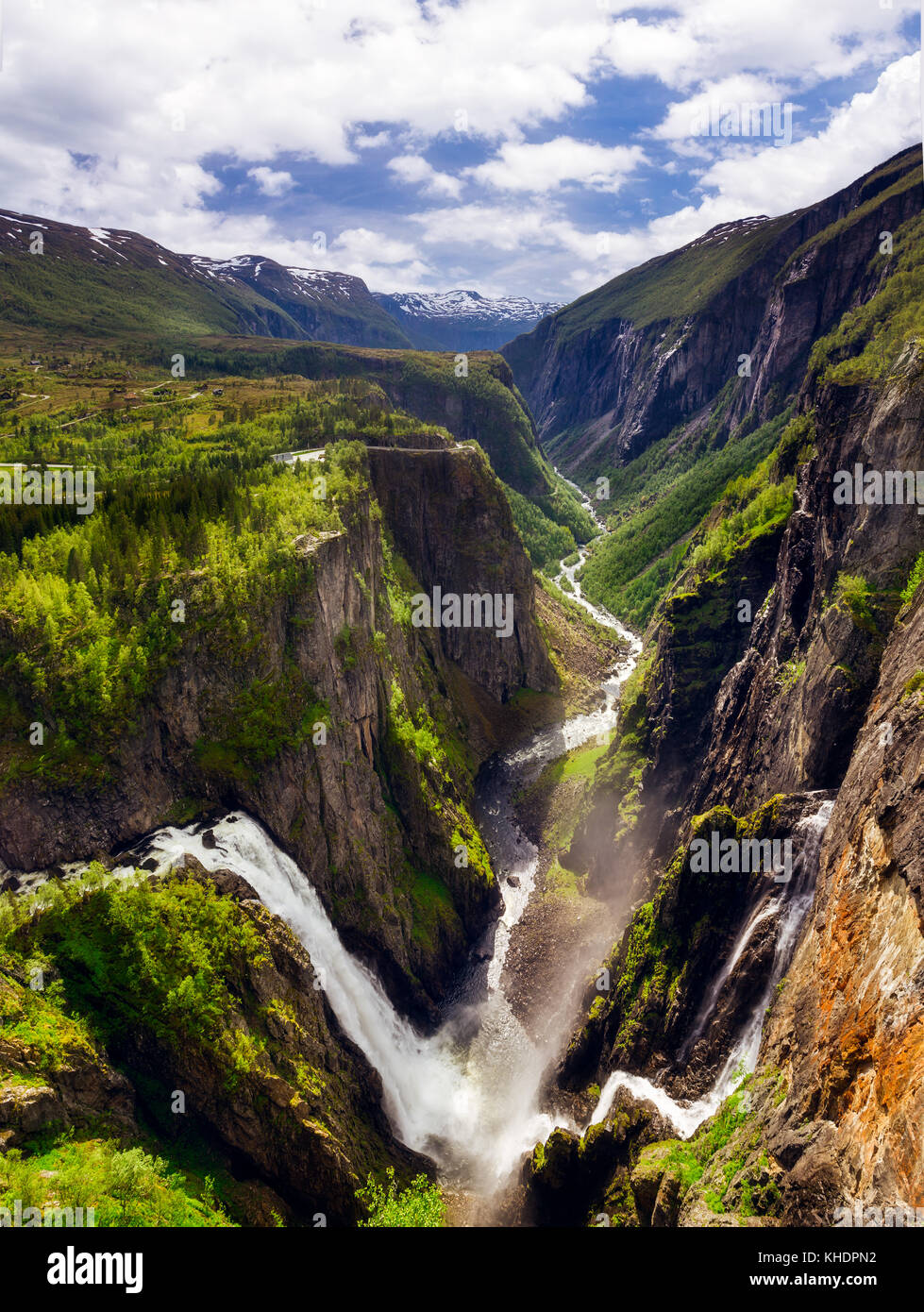 View from the top of Mabodalen of the famous Voringsfossen waterfall, in Hordaland Stock Photo