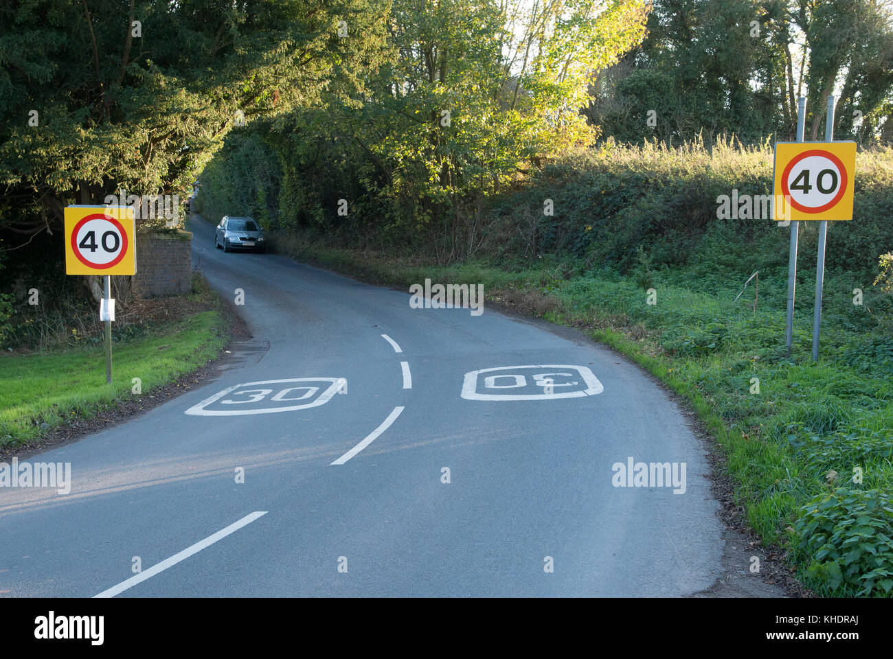 Confusing road speed signs at Middleton, Ludlow, Shropshire. Stock Photo