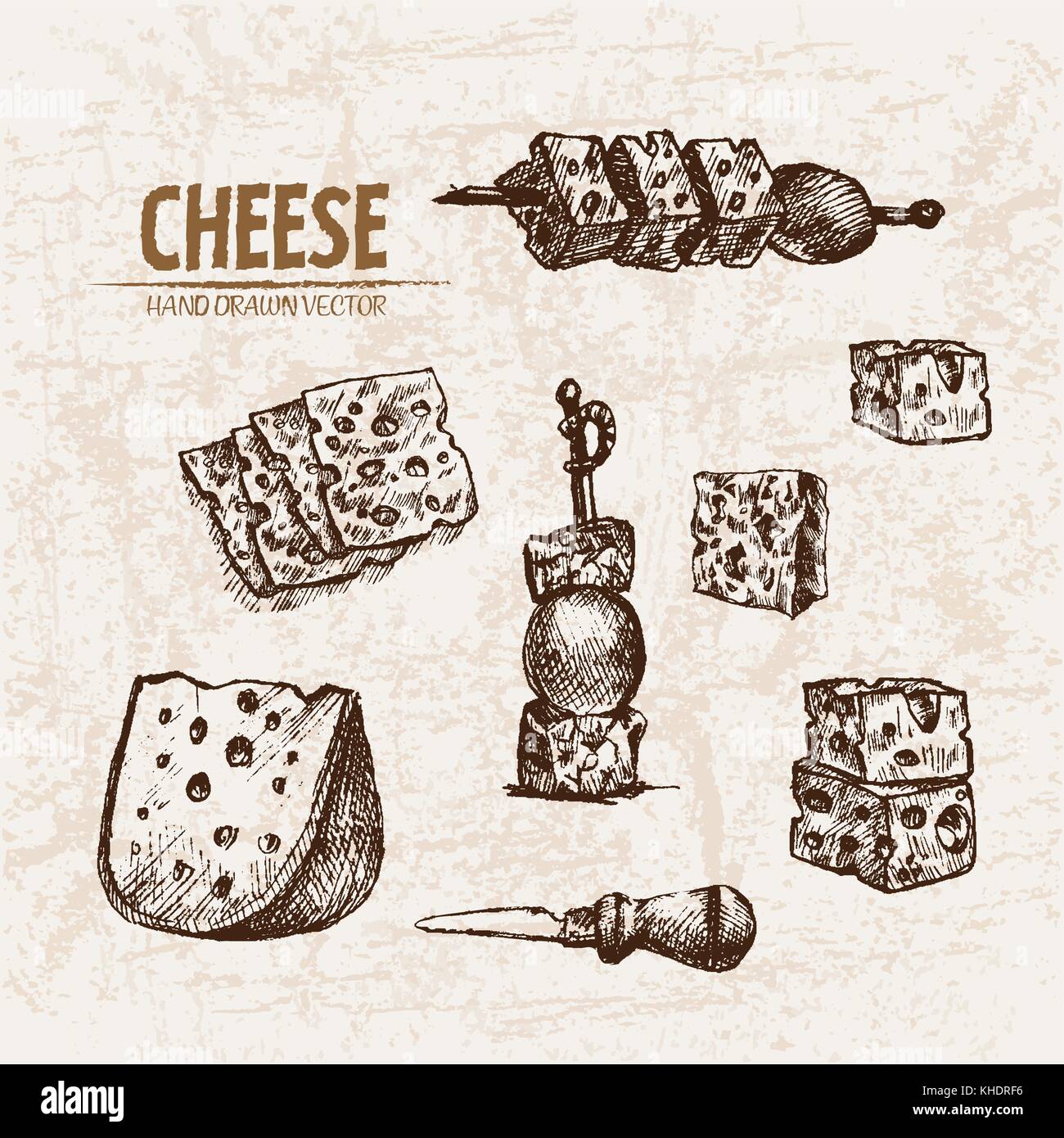 Digital vector detailed line art sliced cheese on skewer hand drawn