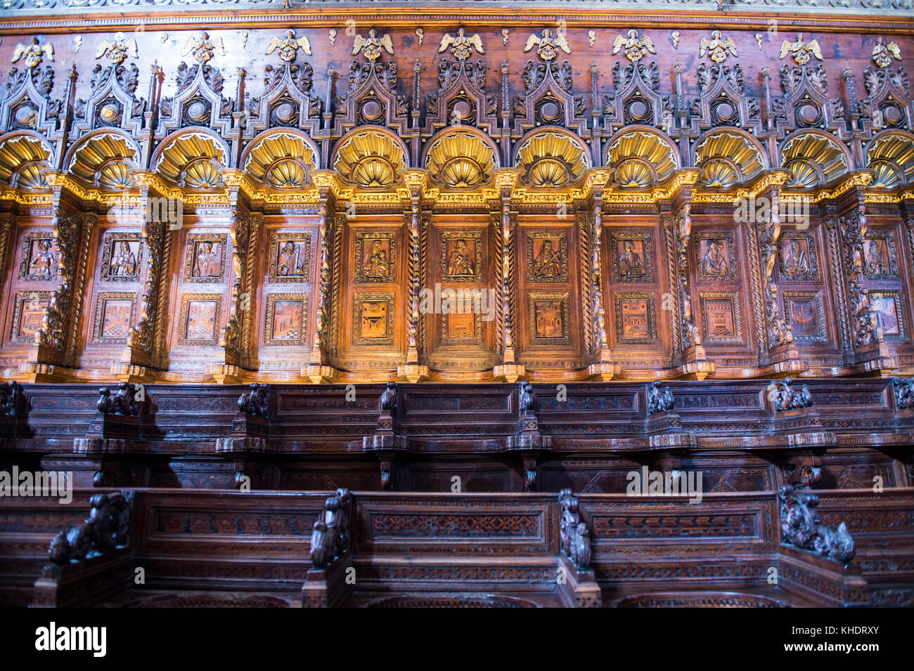 The wooden choir stalls (coro), in Santa Maria Gloriosa dei Frari ('I Frari'), Sestiere di San Polo, Venice, Italy Stock Photo