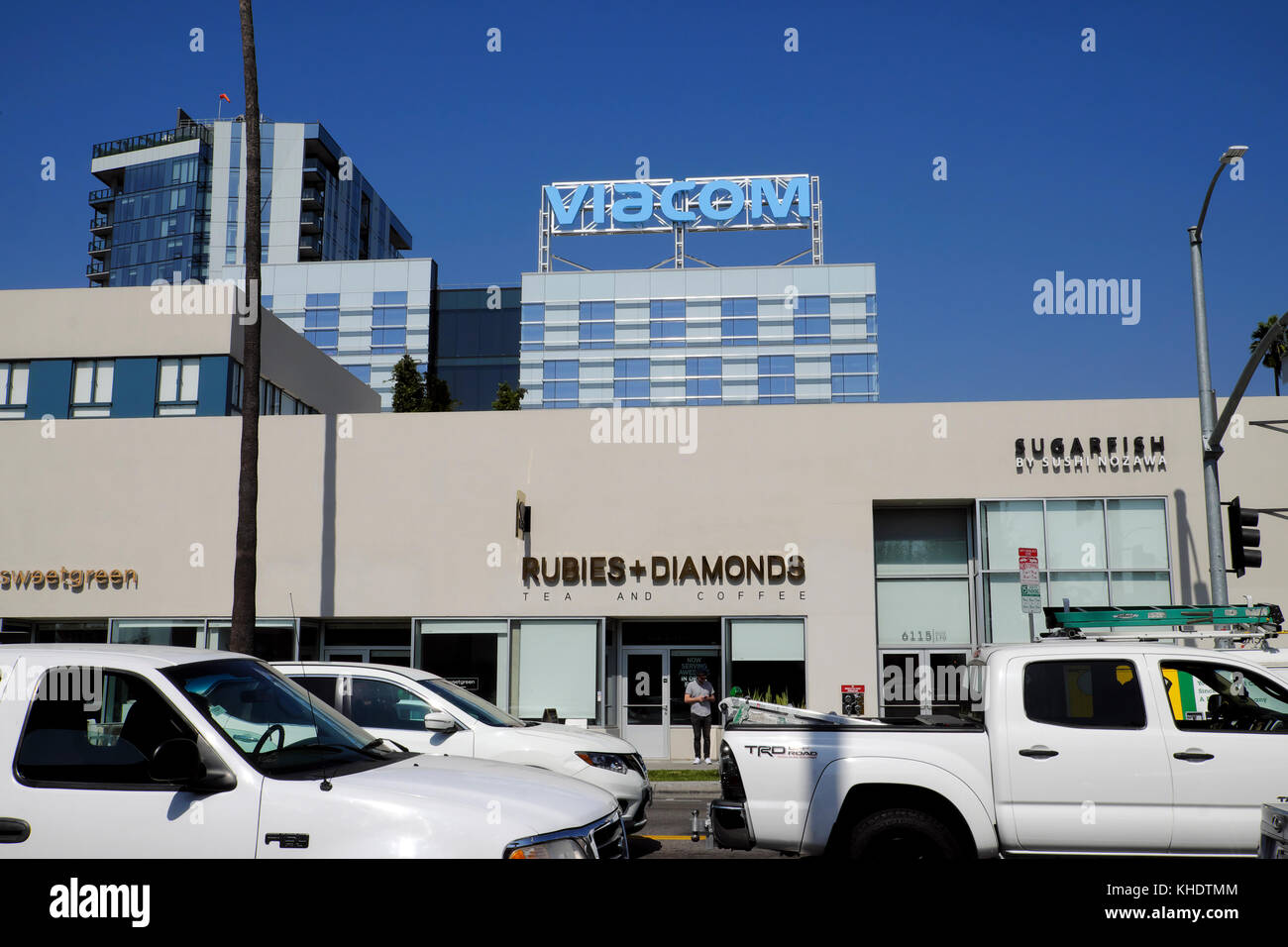 Rubies & Diamonds Tea and Coffee cafe shop and Viacom Media sign on building viewed from Vine Street in Hollywood Los Angeles, California KATHY DEWITT Stock Photo