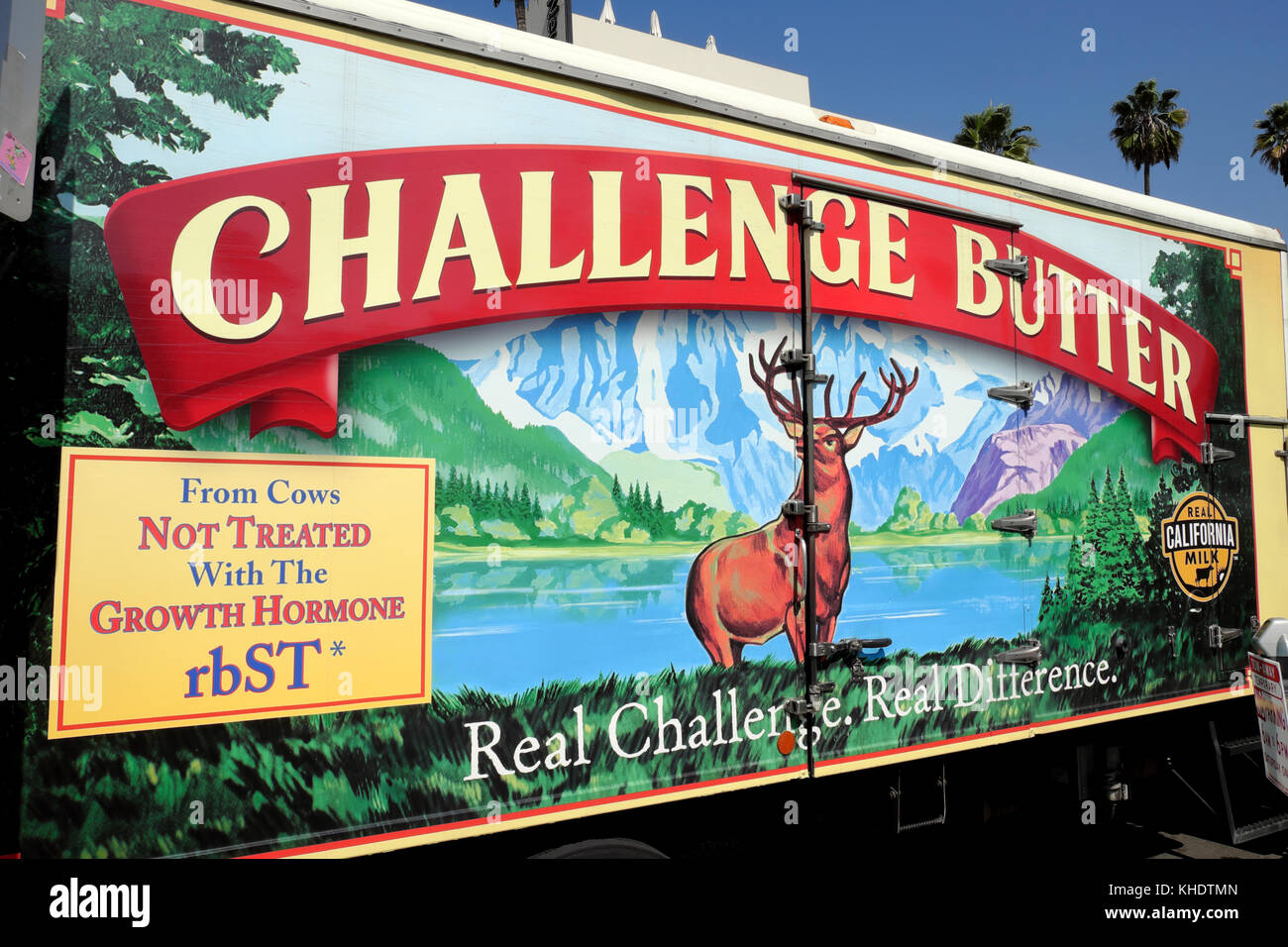 CHALLENGE BUTTER advert 'from cows not treated with growth hormone rbST'  on the side of delivery truck Los Angeles California KATHY DEWITT Stock Photo