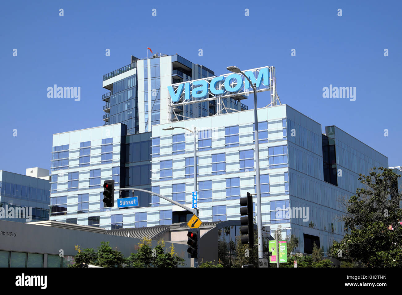 Viacom Media sign on building headquarters on North Gower Street viewed from Vine Street in Hollywood, Los Angeles, California USA  KATHY DEWITT Stock Photo