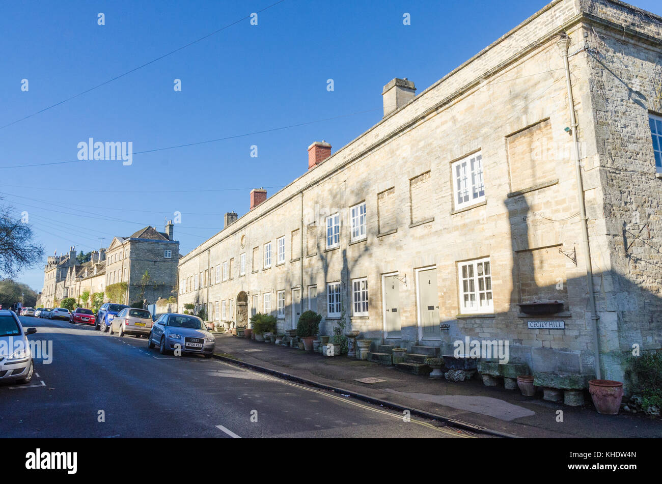 Cotswold stone houses in Cecily Hill in the Cotswold market town of