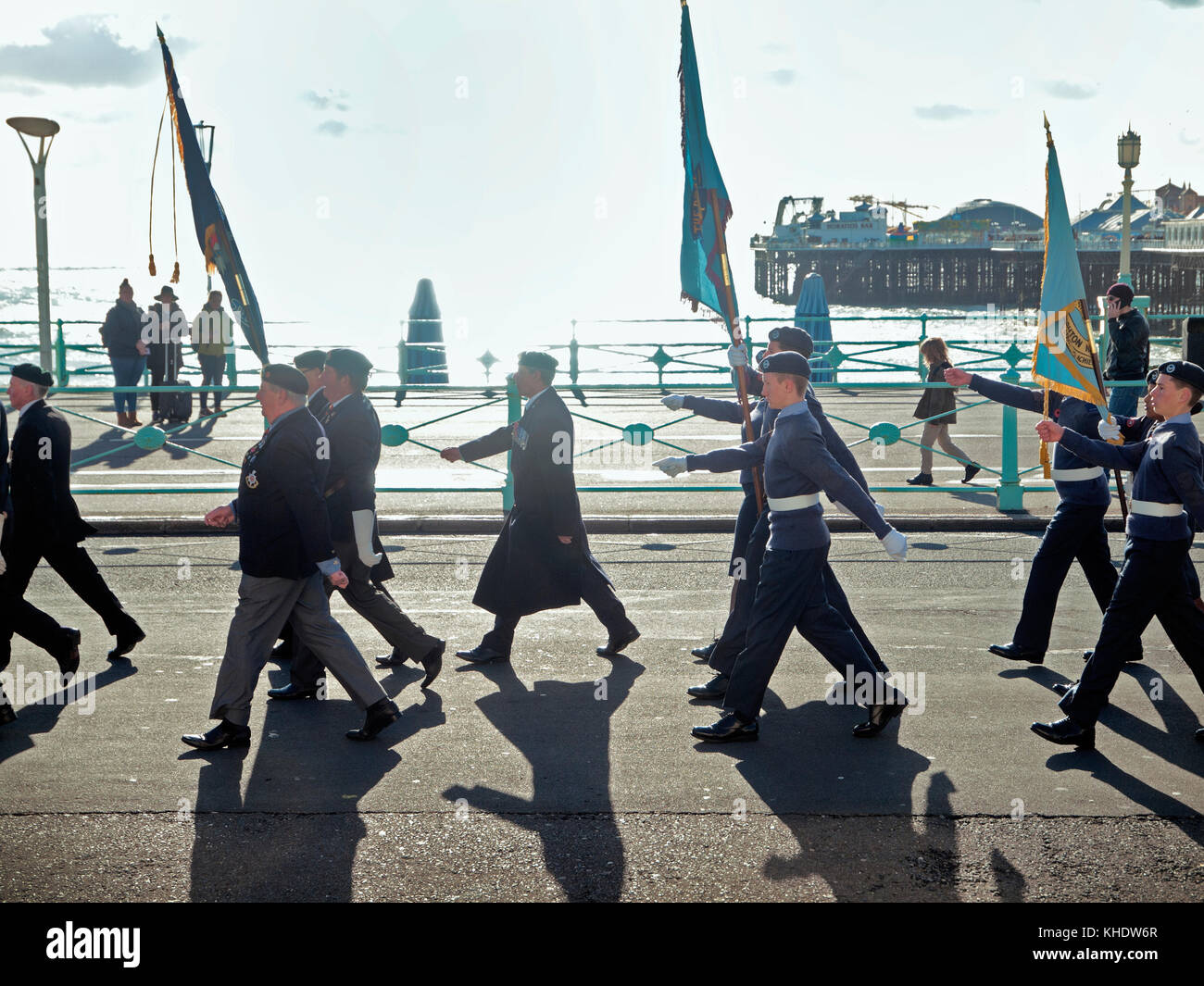 Cadets and ex-servicemen march along the Brighton seafront on Remembrance Day Stock Photo