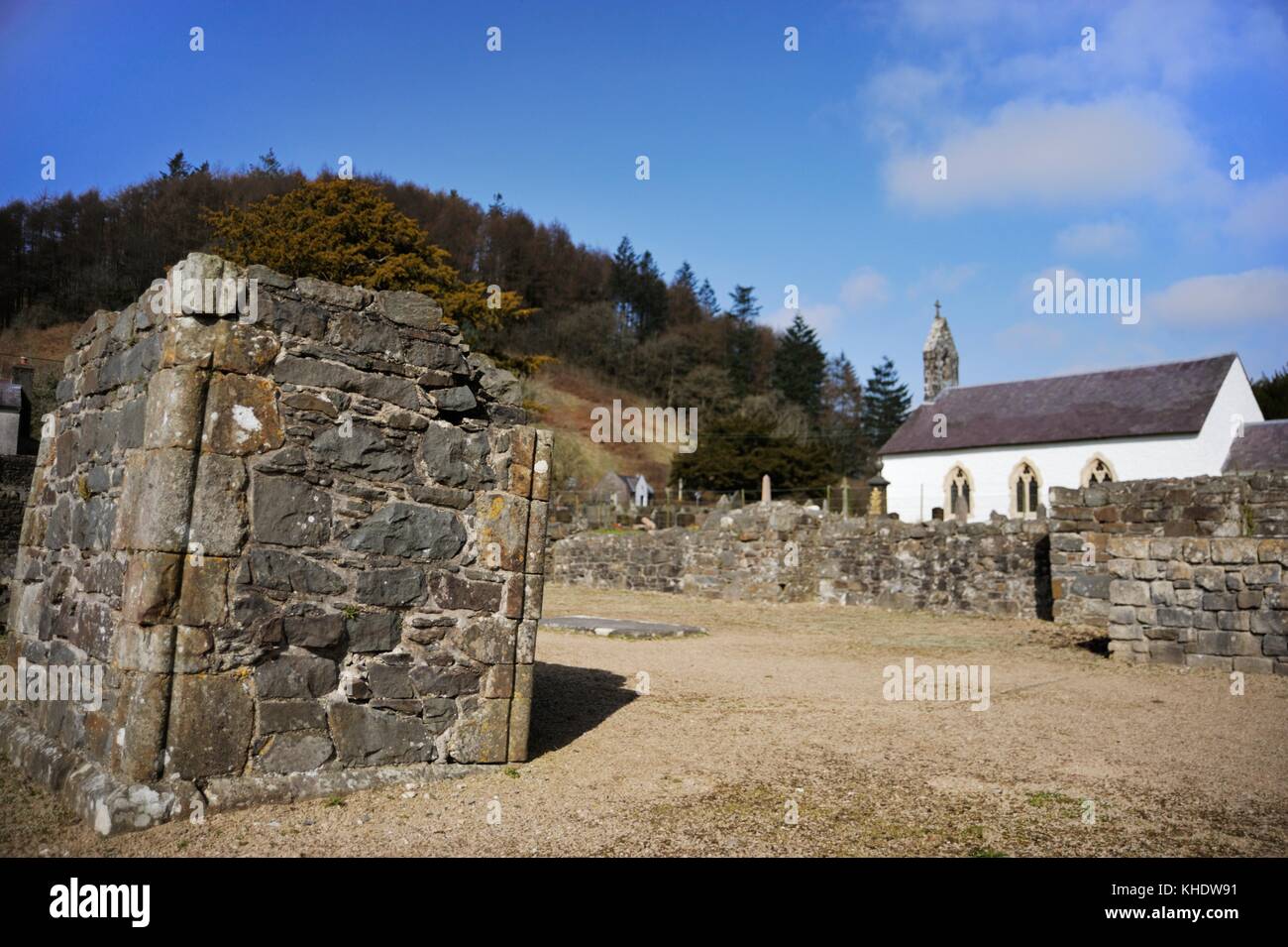 Talyllychau, Talley Abbey ruins alongside St Michaels Church, built from the stone of the ruined abbey in the 18th Century, Wales, UK. Stock Photo