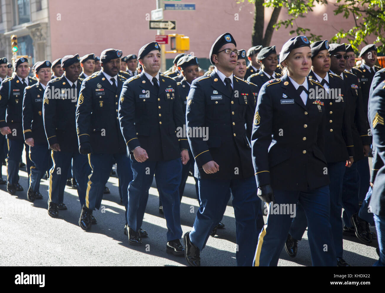 Members of the US Army march up 5th Avenue in the Veterans Day Parade in New York City. Stock Photo