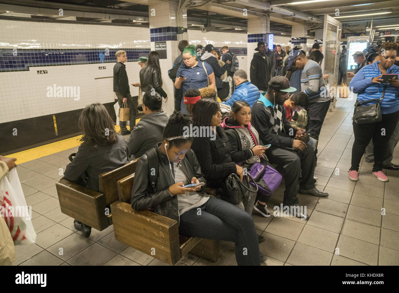 Subway station platform, Jay Street/ MetroTech downtown Brooklyn, NYC