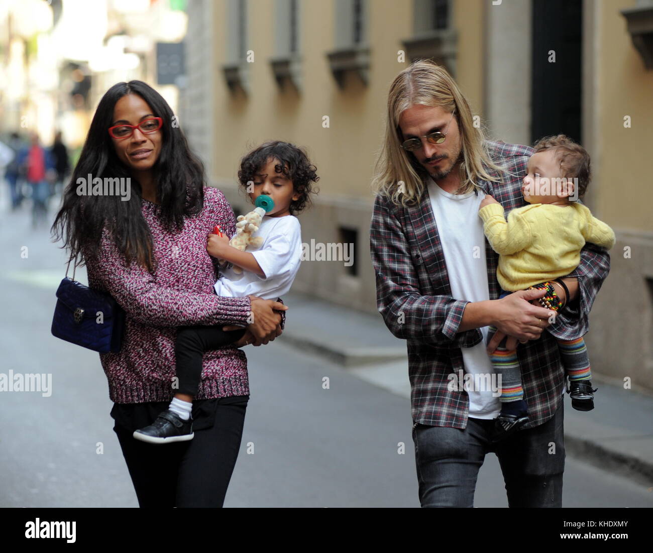 Zoe Saldana with her husband Marco Perego and their children in Milan