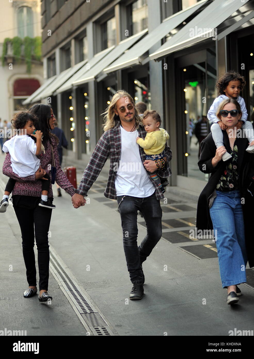 Zoe Saldana with her husband Marco Perego and their children in Milan