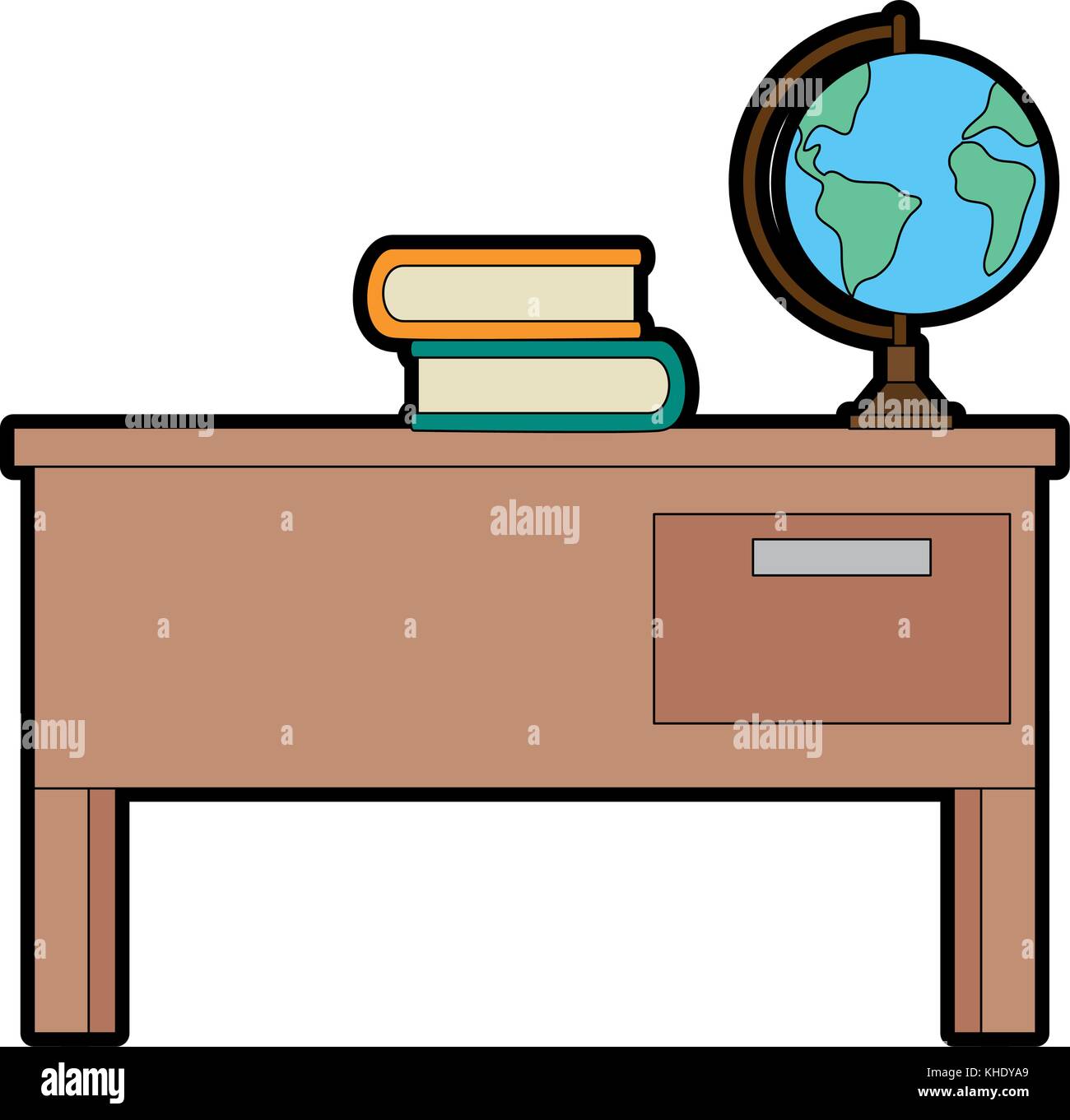 teacher desk with books and planet vector illustration design Stock