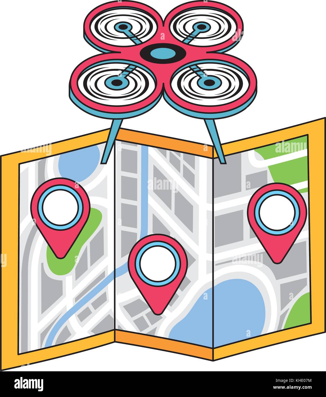 drone flying technology with paper map gps navigation Stock Vector