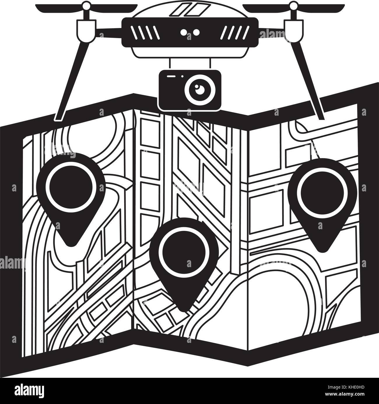 drone flying technology with paper map gps navigation Stock Vector ...