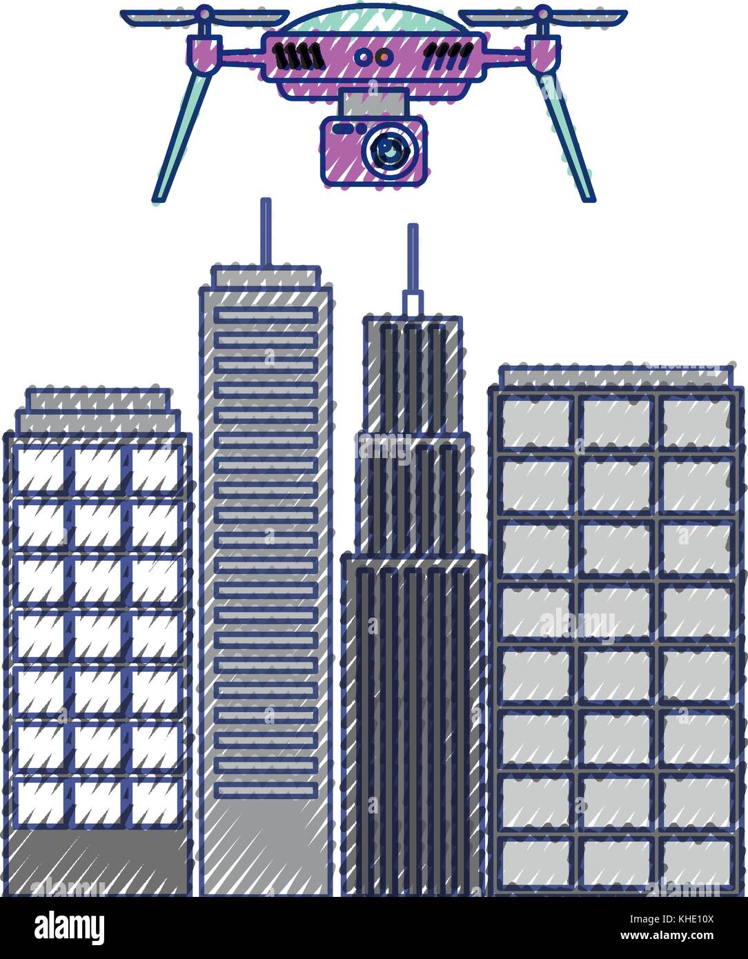 drone with camera flying on city landscape buildings Stock Vector Image ...