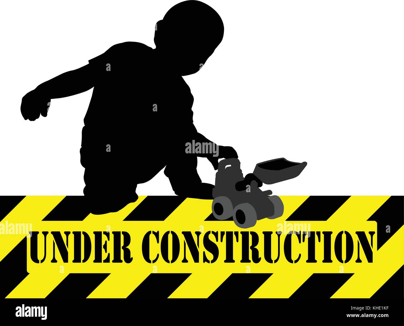 under construction sign,boy playing with bulldozer toy - vector Stock Vector