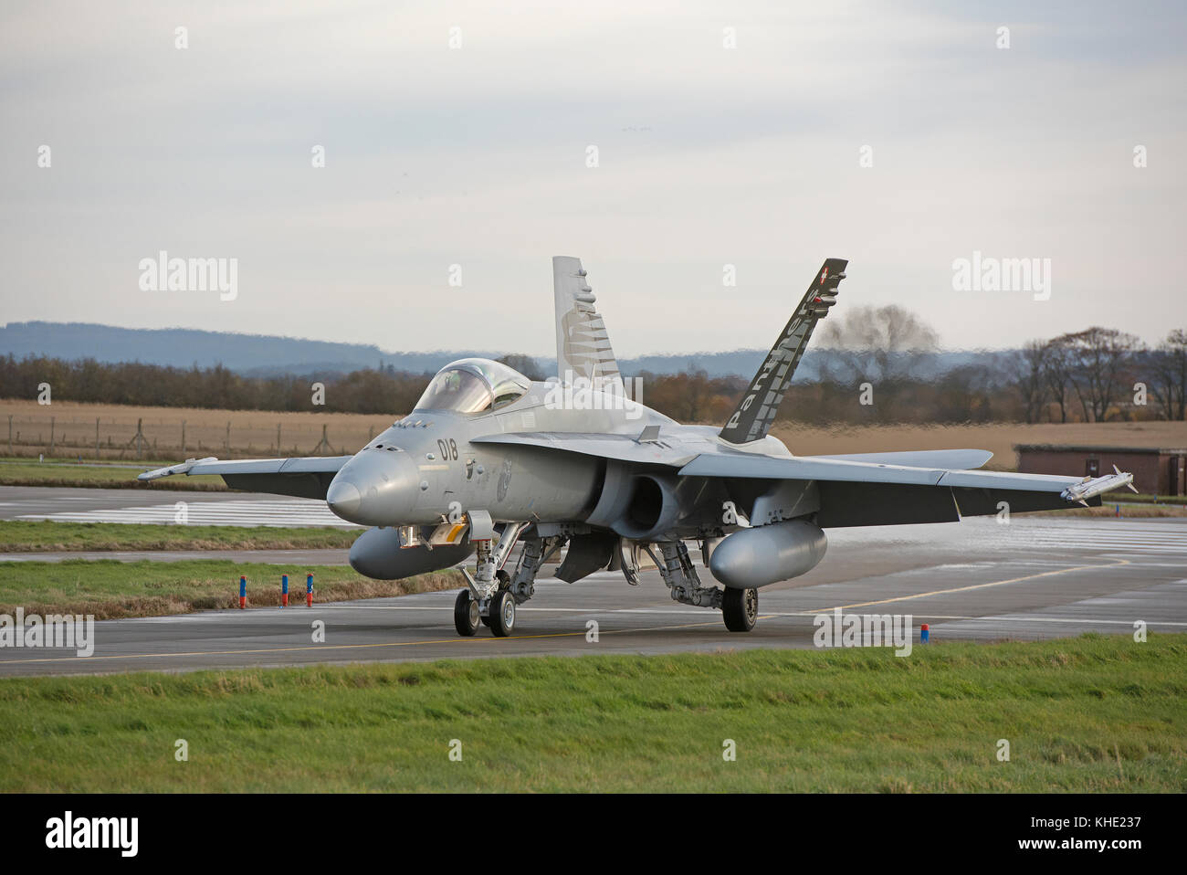 10 Swiss Boeing F/A 18C Hornet on deployment to RAF lLossiemouth in Morayshire, Scotland for 4 weeks day & Night flying low level pilot training. Stock Photo