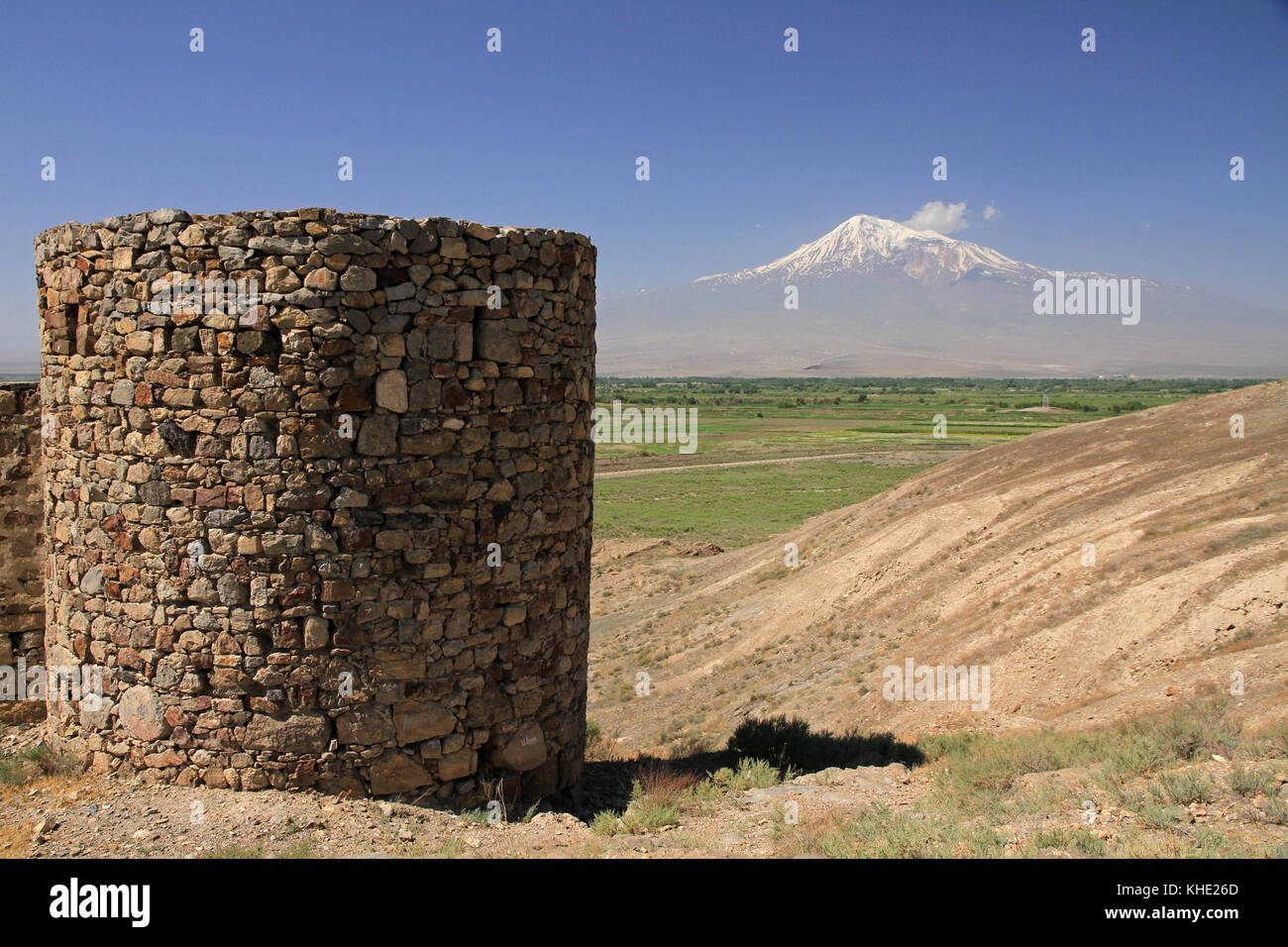 Mount Ararat, 5,137 m, highest peak of Turkey, view from Khor Virap monastery, Armenia Stock Photo
