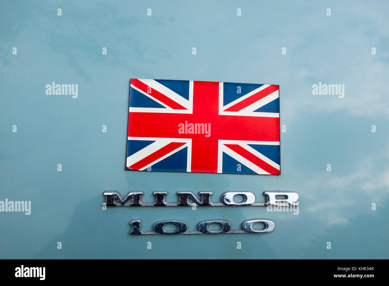 Morris Minor 1000 with Union Jack Sticker Stock Photo