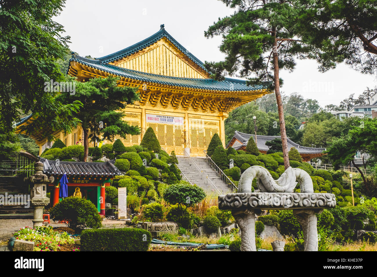 A Buddhist temple in korea painted in gold paint. Stock Photo