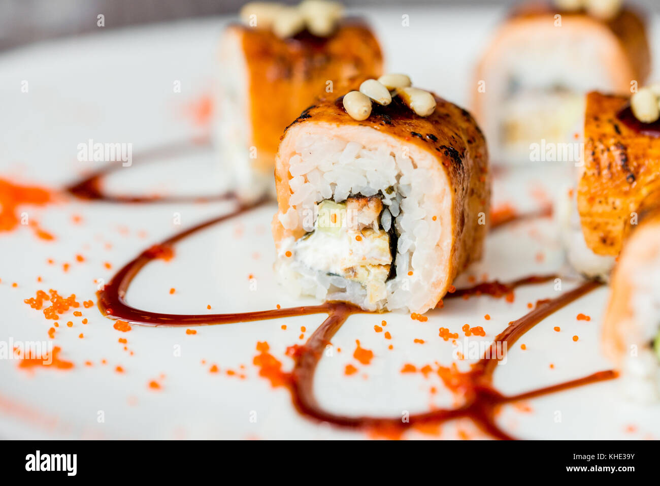 Traditional japanese sushi rolls in restaurant Stock Photo - Alamy