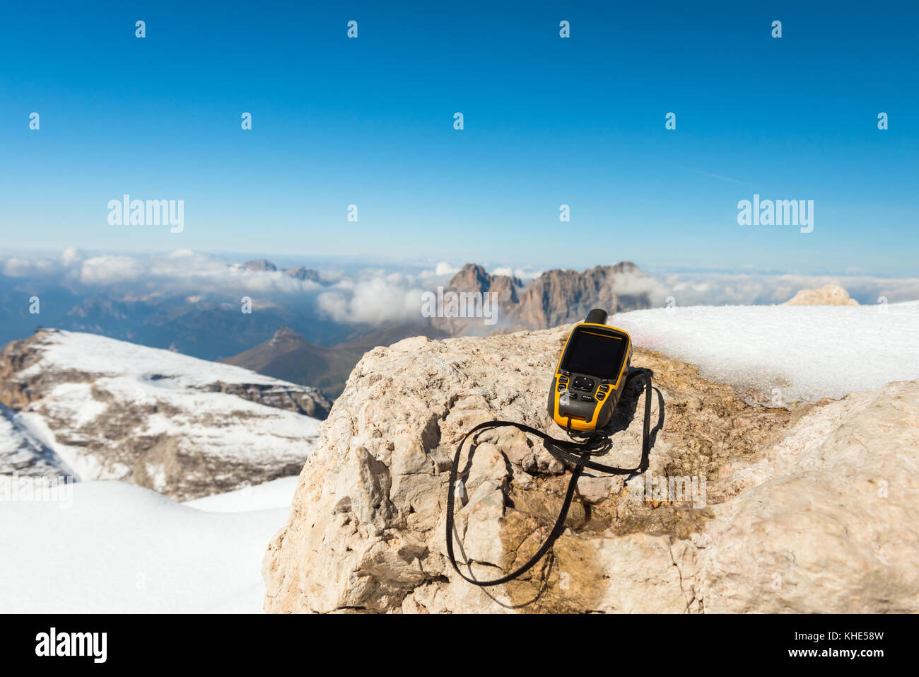 GPS navigator in hand Dolomites Alps Stock Photo