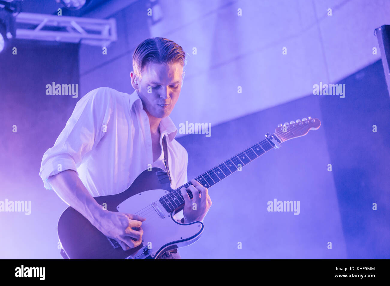 The Danish indie rock band Blaue Blume performs a live concert at Danish music festival New Note Festival 2016 in Copenhagen. Here guitarist Robert Jensen Buhl is seen live on stage. Denmark, 05/08 2016. Stock Photo