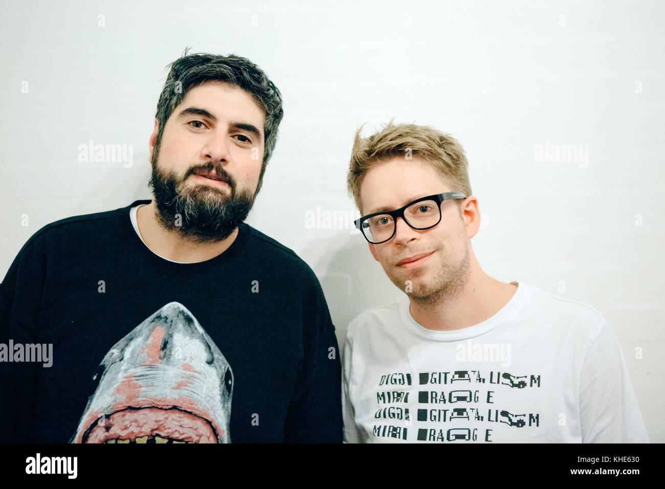 The German electronic music duo Digitalism consists of the two music composers and musicians Jens “Jence” Moelle (R) and Ismail “Isi” Tüfekci (L) who are here portrayed before a live concert in Copenhagen. Denmark, 13/11 2016. Stock Photo
