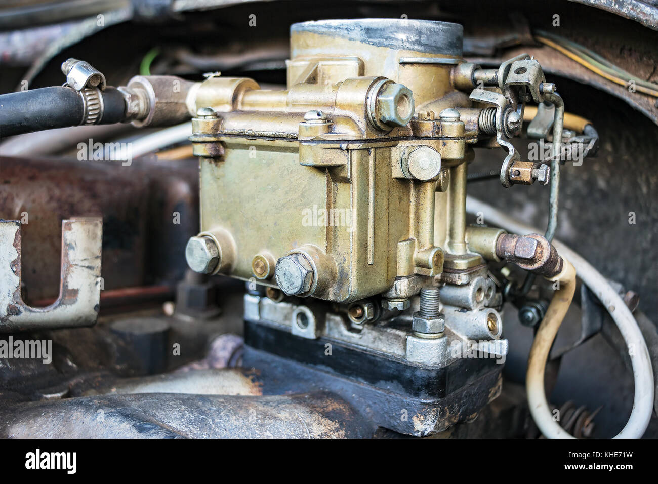 Old carburetor on an car engine Stock Photo Alamy