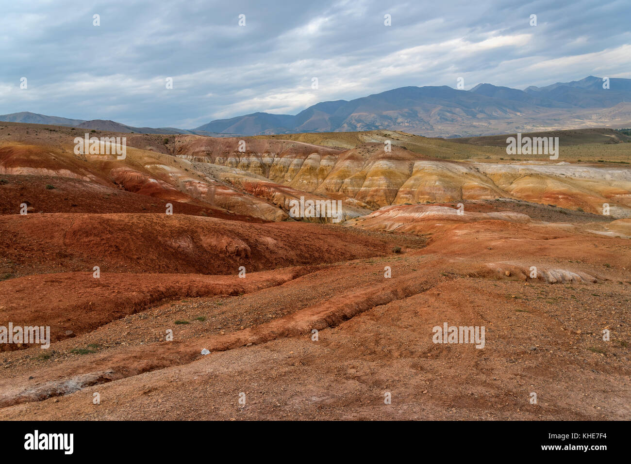 Picturesque steppe desert landscape with multicolored mountains, cracks in the ground and sparse vegetation on the background of cloudy sky Stock Photo