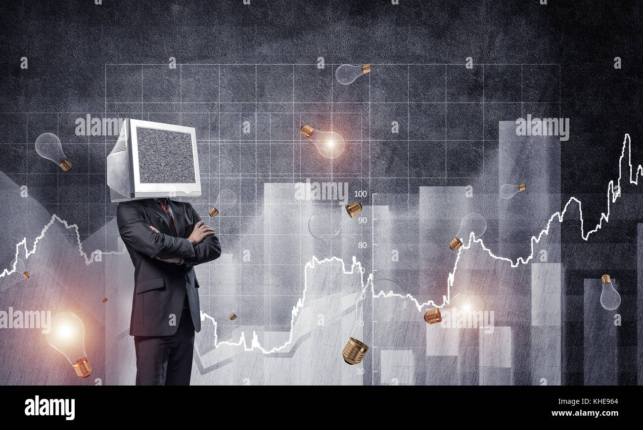 Businessman with monitor instead of head Stock Photo Alamy