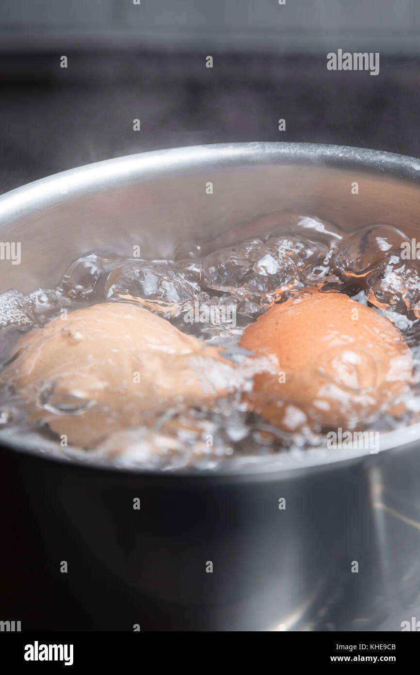 Eggs in boiling water in saucepan on electric hob Stock Photo Alamy