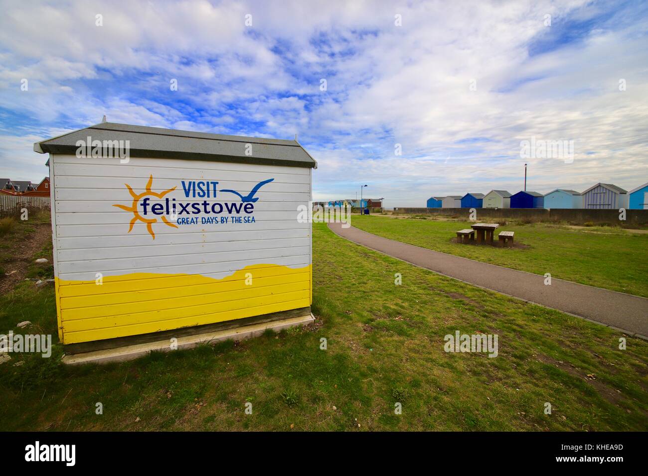 Visit Felixstowe “Great Days by the Sea” yellow and white wooden beach