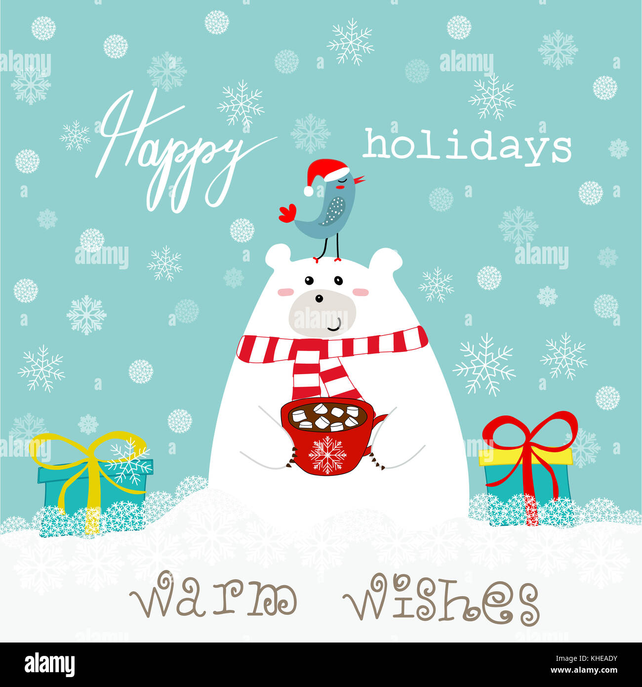 Hand drawn cute polar bear holding mug with hot chocolate marshmallows