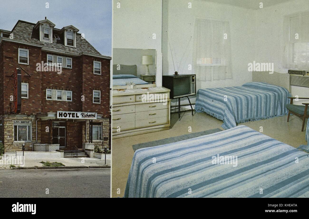 Postcard, in color, featuring two pictures, to the left of the outside of the Hotel Richmond, and to the right of the inside of a room with two beds, a dresser and a television, 1950. From the New York Public Library. Stock Photo