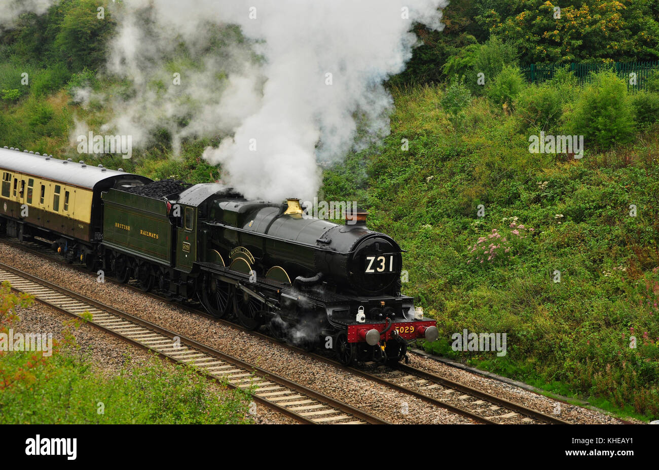 Nunney Castle, a Castle class steam locomotive, hauling a excursion, passing close to Frome in Somerset. UK Stock Photo