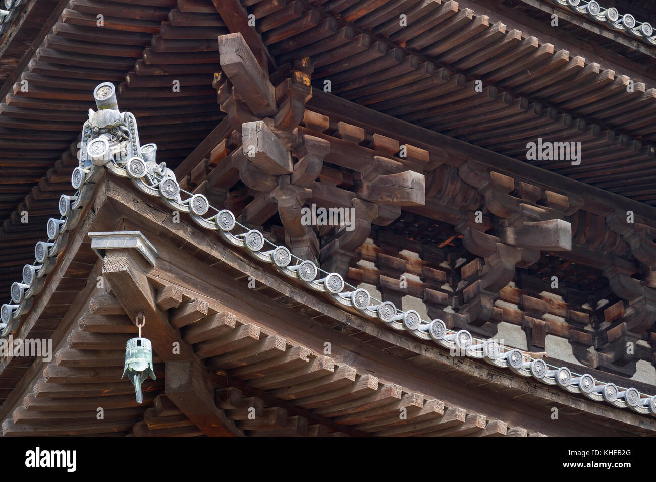 Nara, Japan - May 30, 2017:  Wooden roof construction of the Five Storied Pagoda of the Kofukuji Temple in Nara Stock Photo