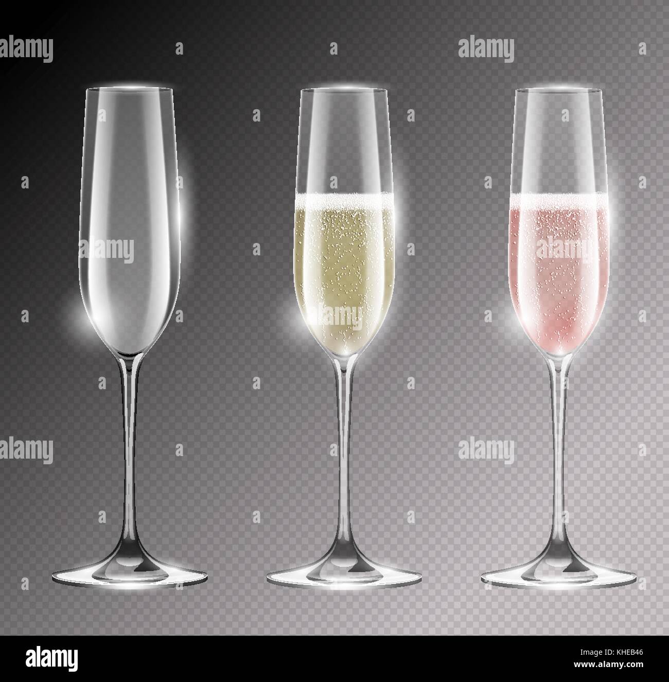 Transparent champagne glass flute vector illustration. Realistic set of glasses with sparkling white and rose wine and empty glass. Empty goblet Stock Vector