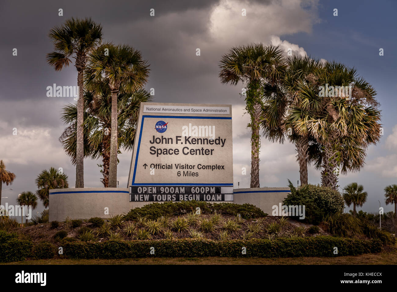 CAPE CANAVERAL, USA - MAR. 28, 2012: Road sign to the visitor center of John F. Kennedy Space Center Stock Photo