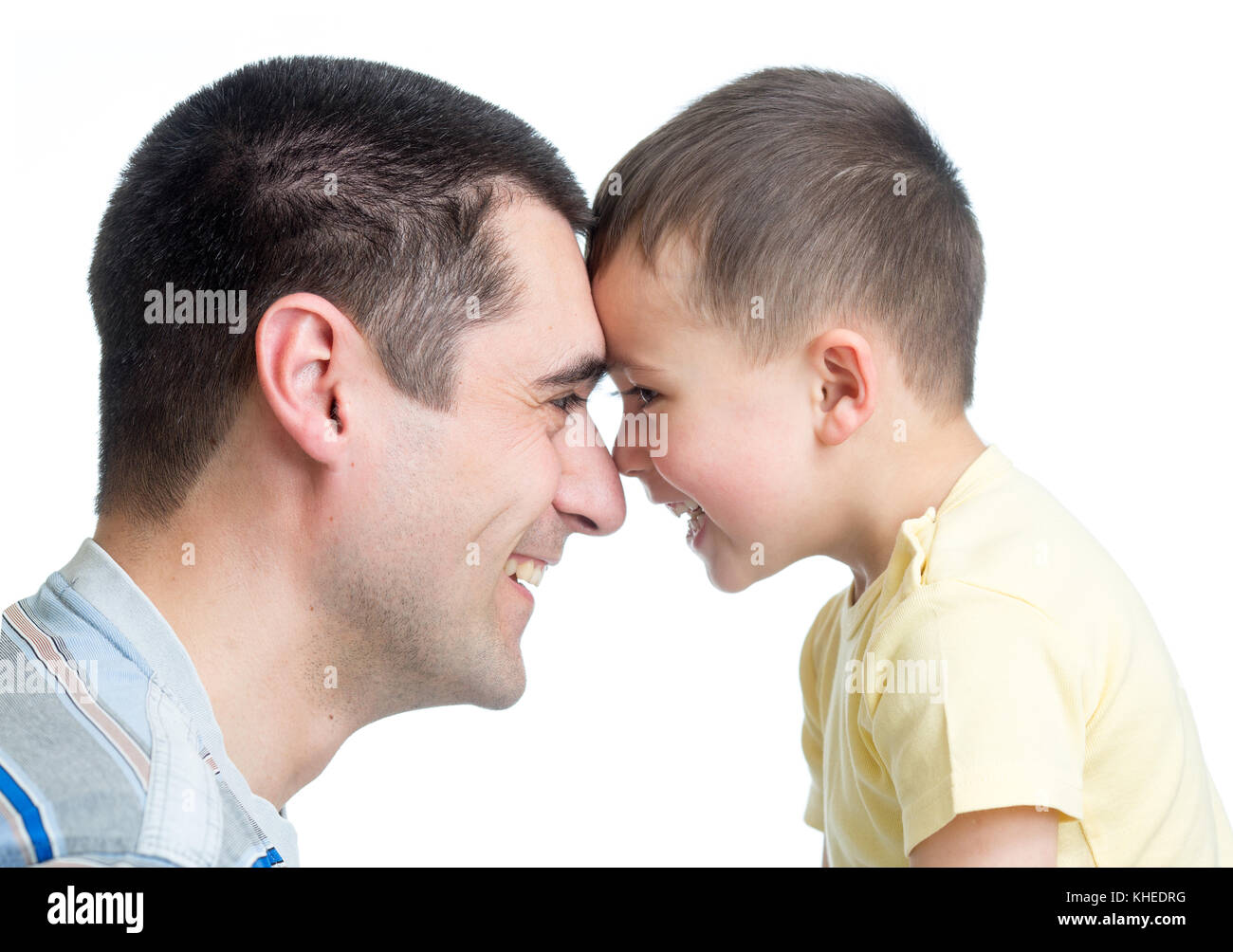 portrait of happy father and his little boy isolated on white Stock Photo