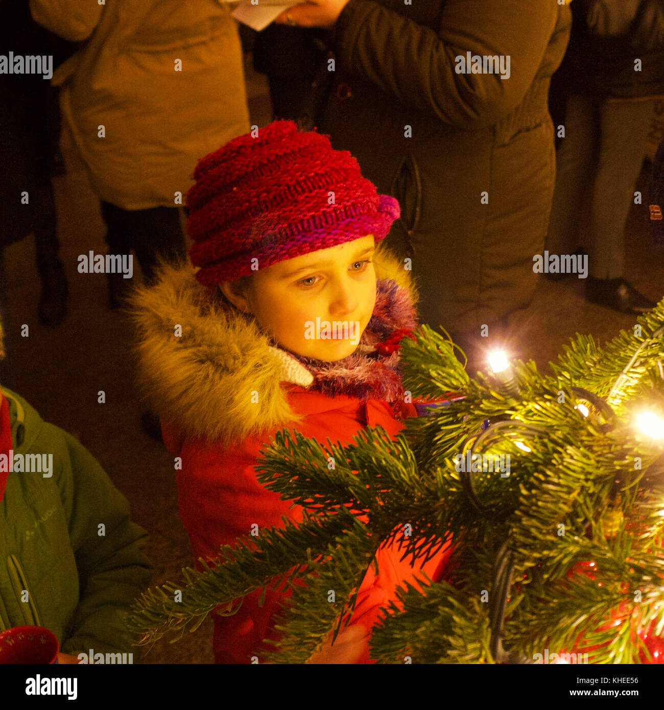 Young girl at Cologne Cathedral Christmas Market Stock Photo