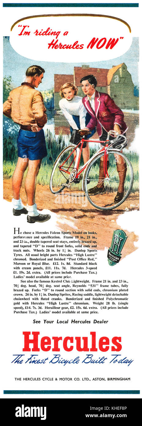 1950 British advertisement for Hercules Bicycles. Stock Photo