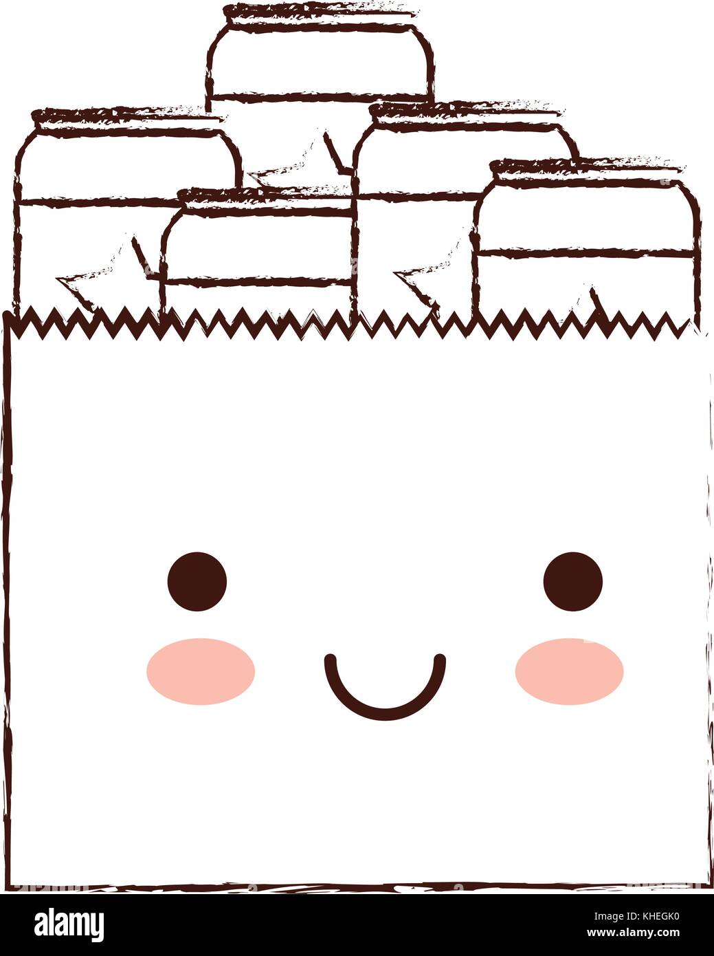 kawaii paper bag with canned beers in brown blurred silhouette Stock