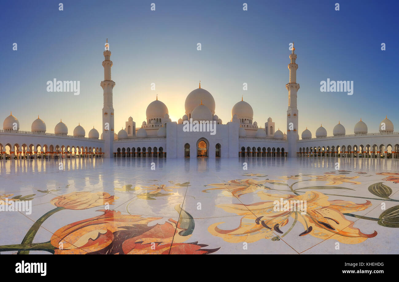 Grand Mosque in Abu Dhabi in the evening. Panorama of exterior of Sheikh Zayed Mosque Stock Photo